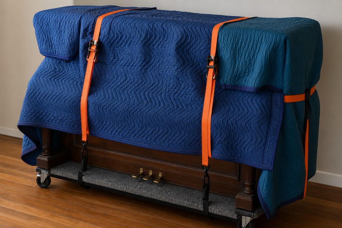 Exemple : piano protégé et sanglé pour transport